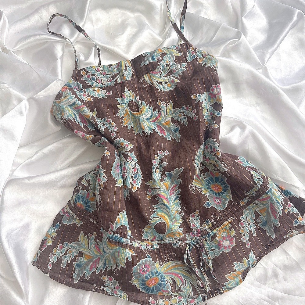Mossimo Brown Paisley Floral Metallic Stripe Cami Top Adjustable Straps Small